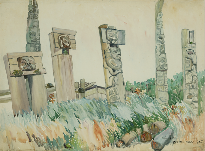 Watercolour painting of poles standing in bush with a house behind.