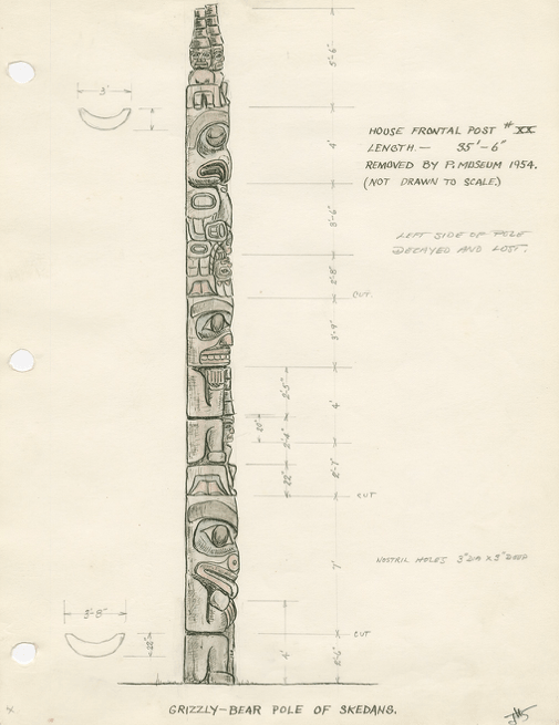 Esquisse et dimensions d’un poteau frontal de maison de Skedans par John Smyly.