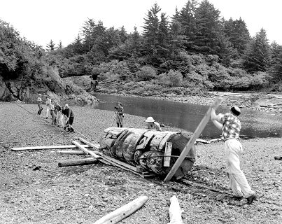 Men dragging section of a pole along a beach with ropes and boards.  