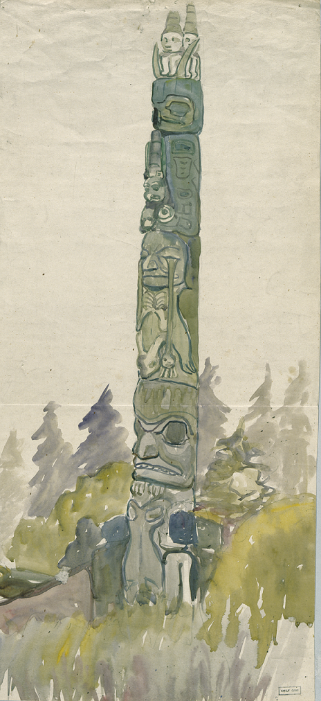 Watercolour painting of a pole standing in foliage.