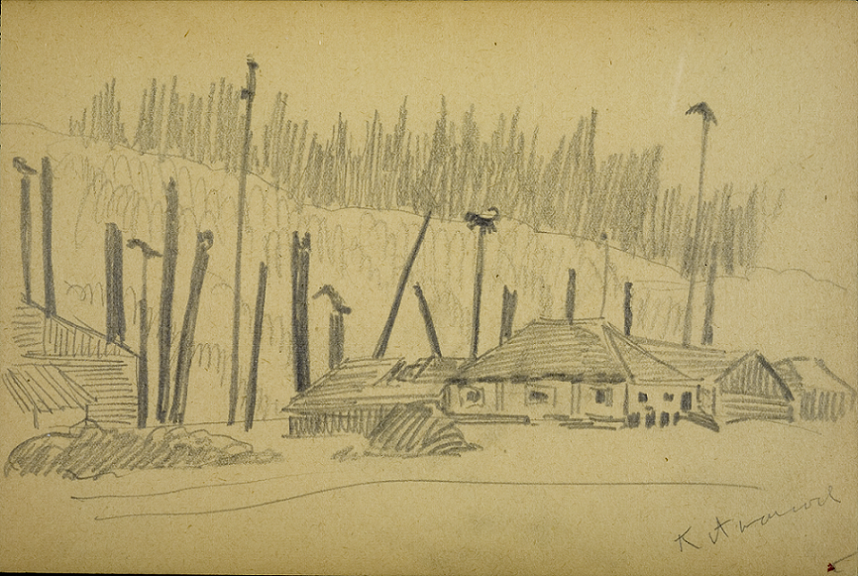 Pencil sketch of village houses and many poles.