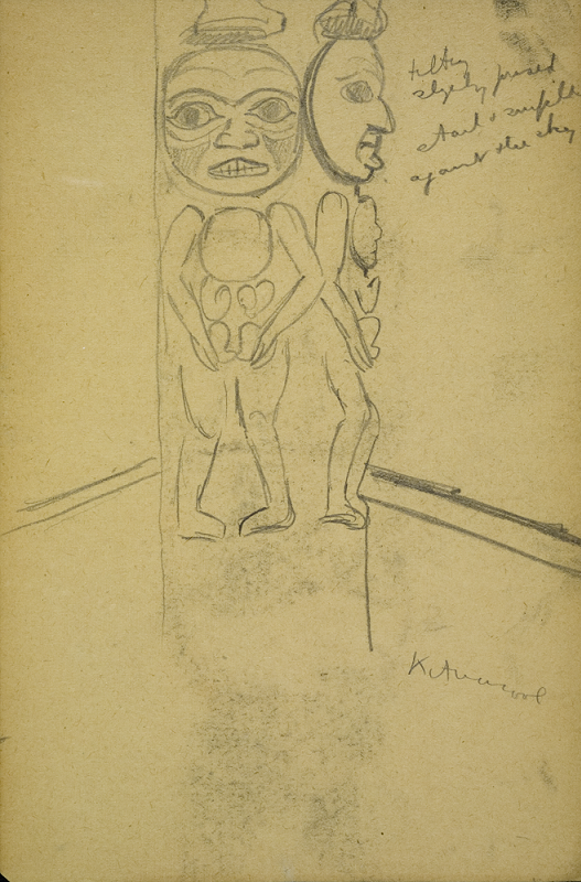 Pencil sketch of the detail of figures on a pole.