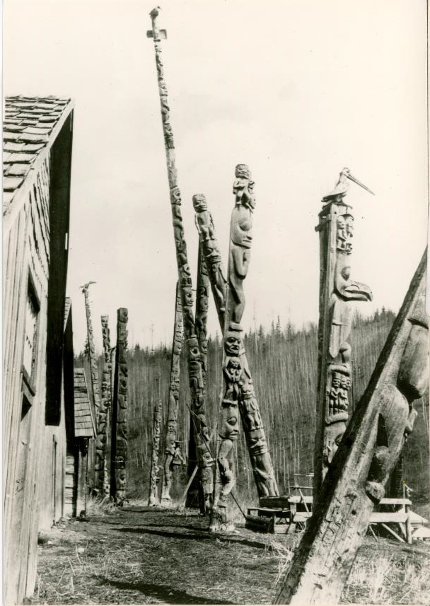 Side view of many poles standing in front of village houses.