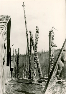 Side view of multiple poles standing in front of houses in Gitanyow village. 