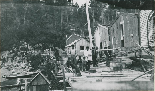 People standing on a boardwalk with the village houses on the right. 