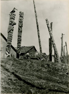 Multiple poles standing in front houses in Gitanyow village. 