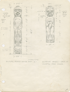 Pencil drawing and dimensions of two carved house posts by John Smyly.  