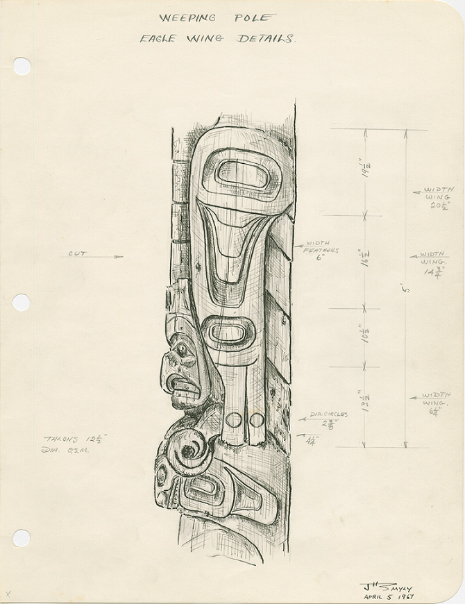 Pencil drawing and dimensions of portion of a pole by John Smyly.