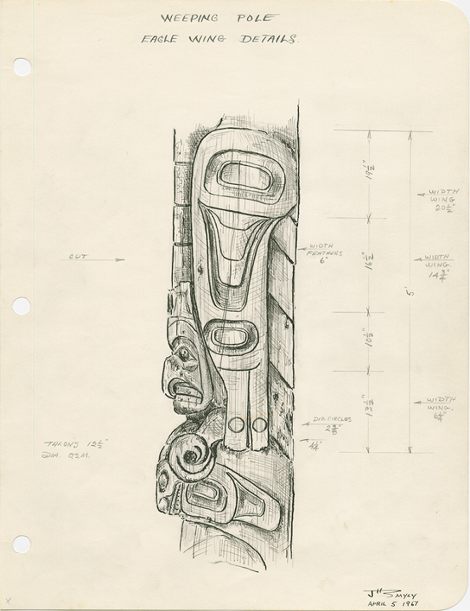 Dessin en crayon avec dimensions d’une portion du poteau réalisé par John Smyly.