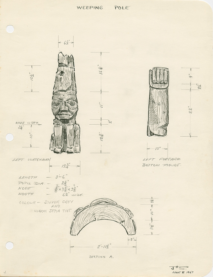 Pencil drawing and dimensions of portion of a pole by John Smyly.