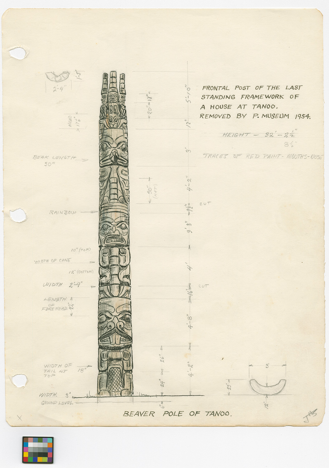 Pencil drawing and dimensions of the house frontal pole by John Smyly.