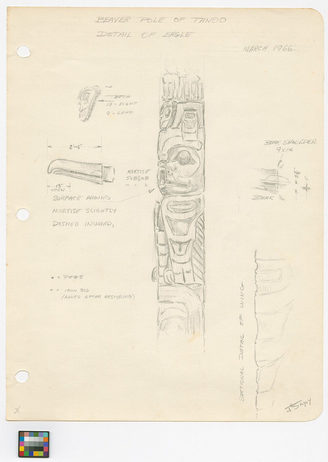 Pencil drawing and dimensions of the middle section of the house frontal pole showing the eagle by John Smyly.
