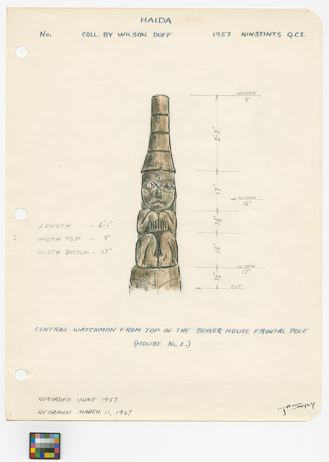 Pencil drawing and dimensions of the top of house frontal pole showing a watchman by John Smyly.