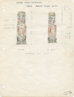 Colour drawing of two house posts by John Smyly.   