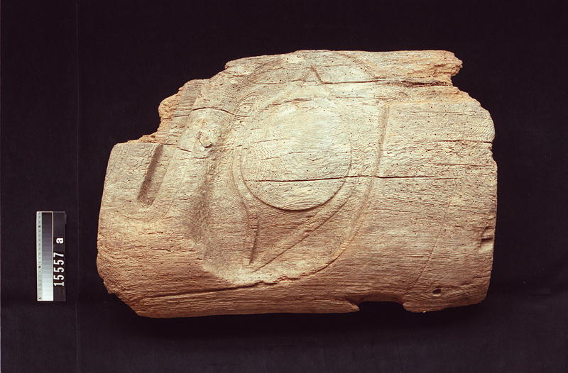 Fragment d’une portion de l’œil d’une figure sculptée d’un poteau. 