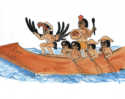 Drawing of a man dressed as a thunderbird, a drummer and several men in a canoe