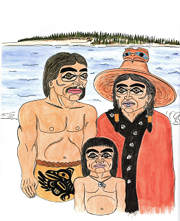 Drawing of three people in front of beach and water