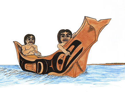 Drawing of a man and pointing woman in a canoe