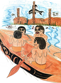 Drawing of four people in a canoe in front of houses with totem poles