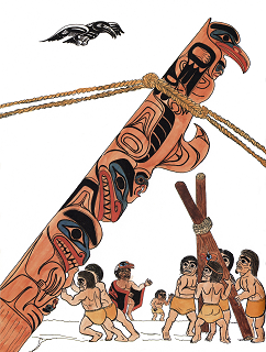 Drawing of a group of people raising a totem pole