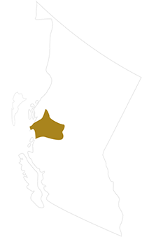 A map showing the Nuxalk Territory in the western coast of B.C.  just east of Haida-Gwaii